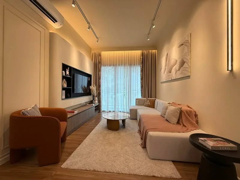 Living features: 3-seater fabric sofa in white, armchair in orange, coffee table with round glass top, area rug with neutral color, TV console with storage, wall-mounted TV, floor-to-ceiling windows, sheer curtains, recessed downlights, decorative wall art, wooden flooring, crown moulding; style: modern; view: garden.