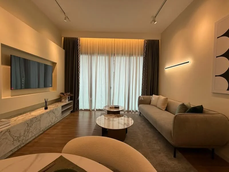 Living features: sofa in beige fabric, marble coffee table, wall-mounted TV, light wood flooring, floor-to-ceiling windows with sheer curtains, recessed lighting, decorative wall panel, side table, decorative items on shelf; style: modern.