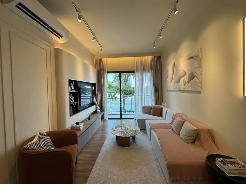Living features: light beige painted walls, wood flooring, sofa in light pink fabric, sofa in white fabric, orange accent chair, glass coffee table, wall-mounted TV, media console with storage, recessed LED downlights, floor-to-ceiling windows with sheer curtains, decorative artwork on walls, area rug with geometric pattern, air conditioning unit; style: modern; view: garden.