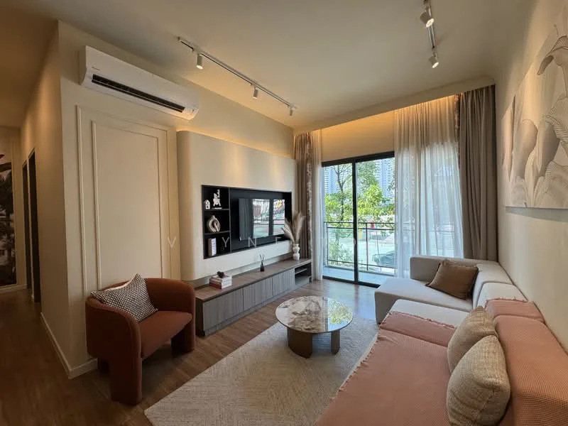 Living features: floor-to-ceiling windows, sliding glass door, sheer curtains, 3-seater fabric sofa in white, 2-seater fabric sofa in beige, coffee table with marble top, TV console with shelving, wall-mounted TV, recessed LED downlights, wooden flooring, decorative wall art, area rug with geometric pattern, air conditioning unit; style: modern; view: garden.