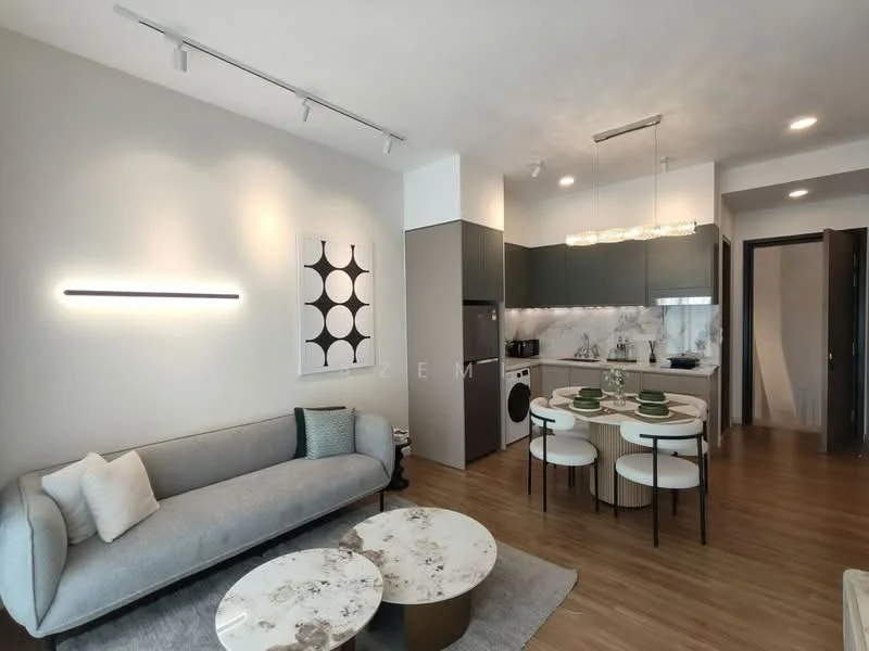 Living features: 3-seater fabric sofa in light grey, marble coffee table, area rug in neutral tone, wall-mounted light fixture, decorative artwork on wall, wooden flooring, recessed ceiling lights; style: modern. Kitchen features: kitchen island with seating, white cabinetry, stainless-steel fridge, built-in oven, ceramic cooktop, marble backsplash, sink with faucet, washing machine, dining table with 4 chairs; style: modern.