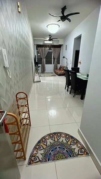 Room features: white painted walls, textured accent wall, glossy white tile flooring, 5-blade ceiling fan, recessed ceiling lights, large windows with curtains, dining table with chairs, decorative area rug, wooden rack, study desk, floor lamp; style: modern.