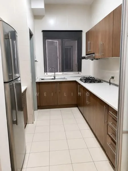 Kitchen features: stainless-steel fridge, white countertop, brown wooden cabinetry, gas cooktop with 4 burners, built-in oven, single-bowl stainless-steel sink, chrome pull-down faucet, tile backsplash, window with black frame, light-colored tile flooring, under-cabinet lighting; style: modern.