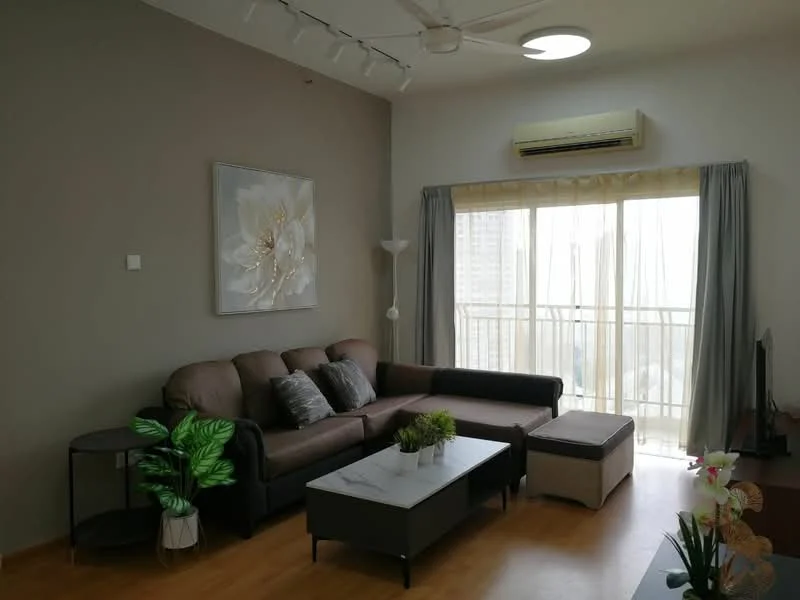 Living features: 3-seater fabric sofa in brown, coffee table with marble top, floor lamp, potted houseplants, TV console, wall-mounted TV, curtains, wooden flooring, ceiling fan, recessed lighting, large window with city view; style: modern; view: city.