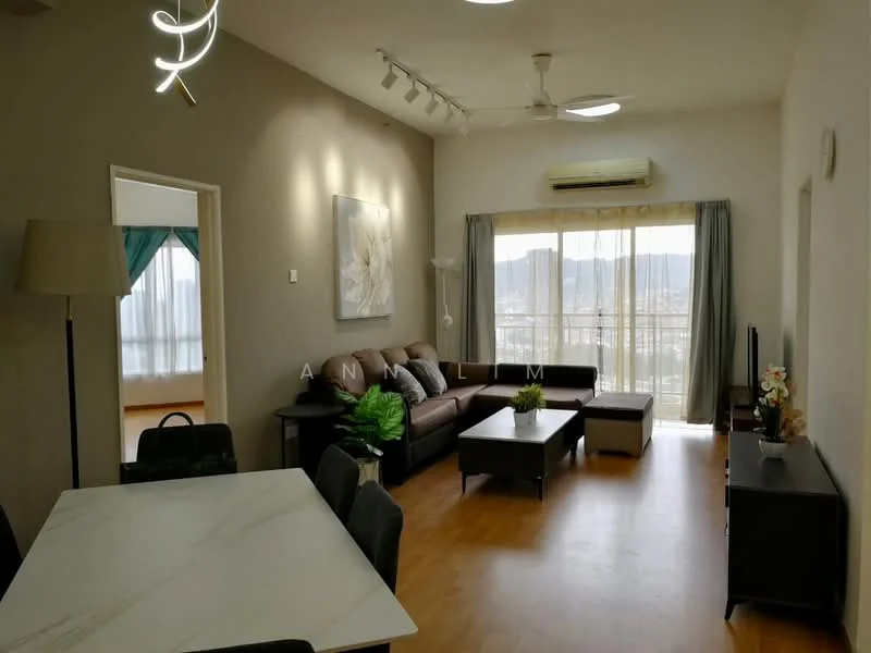 Living features: 3-seater fabric sofa in brown, 2-seater fabric sofa in grey, coffee table, TV console, wall-mounted TV, area rug, 5-blade ceiling fan with light, recessed downlights, floor-to-ceiling windows, curtains, wooden flooring, decorative plants; style: modern; view: city. Dining features: 6-seater dining table with marble top, upholstered dining chairs; style: modern.