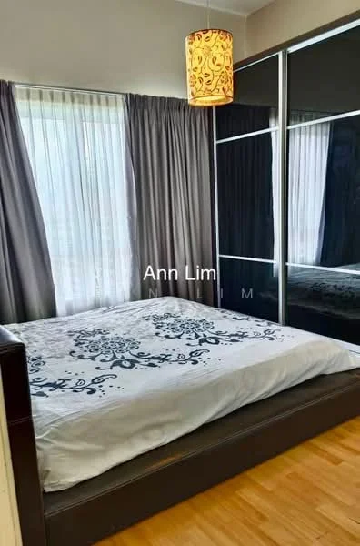 Bedroom features: queen-size bed with decorative bedding, black upholstered bed frame, floor-to-ceiling windows with sheer curtains, dark wood flooring, built-in wardrobe with mirrored doors, decorative pendant light, grey curtains, wall-mounted artwork; style: modern.