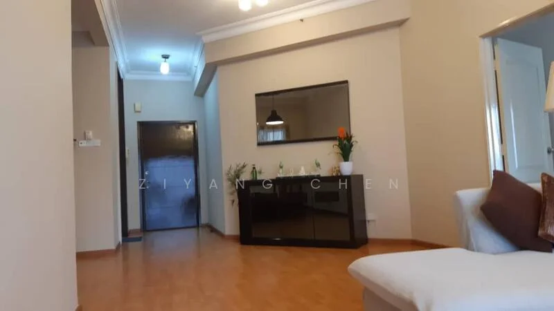 Living features: laminate flooring, cream painted walls, recessed downlights, large wall-mounted mirror, console table, decorative plants, sofa, door leading to hallway; style: modern.