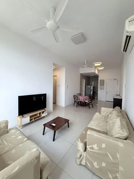 Living features: 2-seater fabric sofa in beige, 3-seater fabric sofa in beige, coffee table, wall-mounted TV, ceiling fan, recessed downlights, air conditioning unit, tile flooring, white painted walls; style: modern. Kitchen features: open layout, kitchen visible in background, white cabinetry, stainless-steel appliances; style: modern.