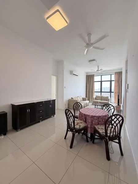 Dining features: round dining table with floral tablecloth, 4 wooden dining chairs with cushioned seats, white painted walls, glossy tile flooring, 2 ceiling fans, wall-mounted air conditioning unit, large floor-to-ceiling windows with curtains, sideboard cabinet in dark wood finish, sofa set in light color visible in background; style: modern; view: city.