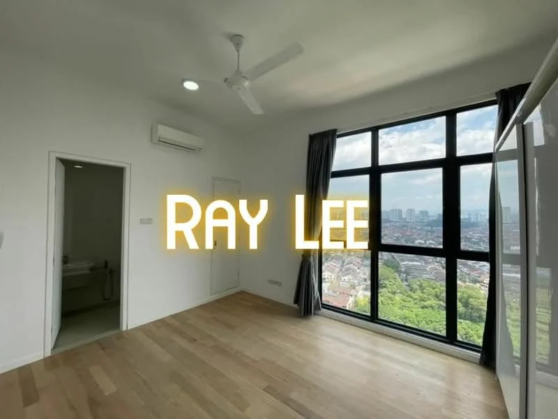 Room features: wooden flooring, white painted walls, floor-to-ceiling windows, city view, 1 ceiling fan, 1 wall-mounted split AC, grey curtains, light fixture in ceiling; style: modern; view: city.