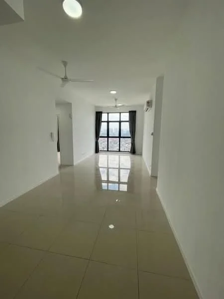 Living features: white painted walls, glossy tile flooring, floor-to-ceiling windows, blackout curtains, 2 ceiling fans, recessed downlights, open layout, city view; style: modern; view: city.