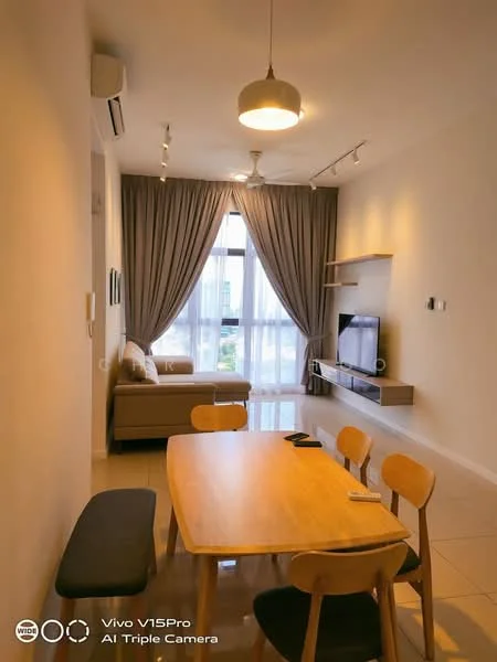 Living features: sofa in beige, coffee table, TV console, wall-mounted TV, floor-to-ceiling windows, sheer curtains, recessed downlights, wall-mounted air conditioning unit, light fixture with pendant, cream painted walls, glossy tile flooring; style: modern; view: garden. Dining features: 6-seater dining table, wooden dining chairs; style: modern.