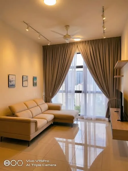 Living features: 3-seater fabric sofa in beige, floor-to-ceiling windows, sheer curtains, recessed LED downlights, ceiling fan, wall-mounted TV, wooden TV console, glossy tile flooring, framed artwork on walls, decorative wall shelf; style: modern; view: city.