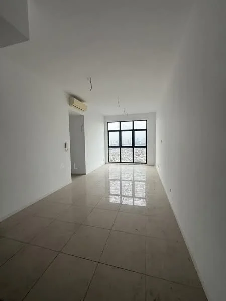 Living features: white painted walls, polished marble flooring, floor-to-ceiling windows, 1 wall-mounted split AC, natural light from windows, open layout, no visible furniture, neutral color scheme; style: modern; view: city.