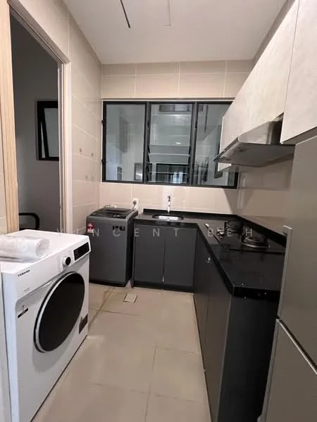 Kitchen features: black granite countertop, stainless-steel sink, chrome pull-down faucet, built-in stove with hood, grey cabinetry, washing machine, dryer, tile flooring, wall-mounted cabinets, large window, recessed lighting; style: modern.