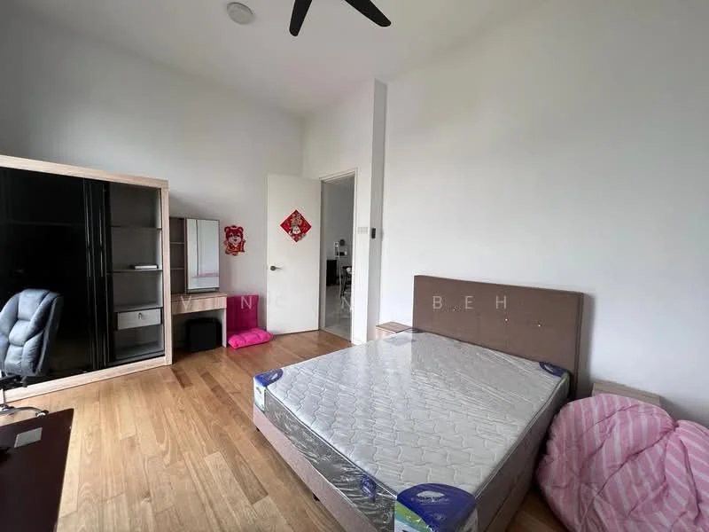Bedroom features: queen-size bed, wooden flooring, white painted walls, ceiling fan, built-in wardrobe with sliding doors, desk, pink bedding, decorative wall art, door leading to hallway; style: modern.