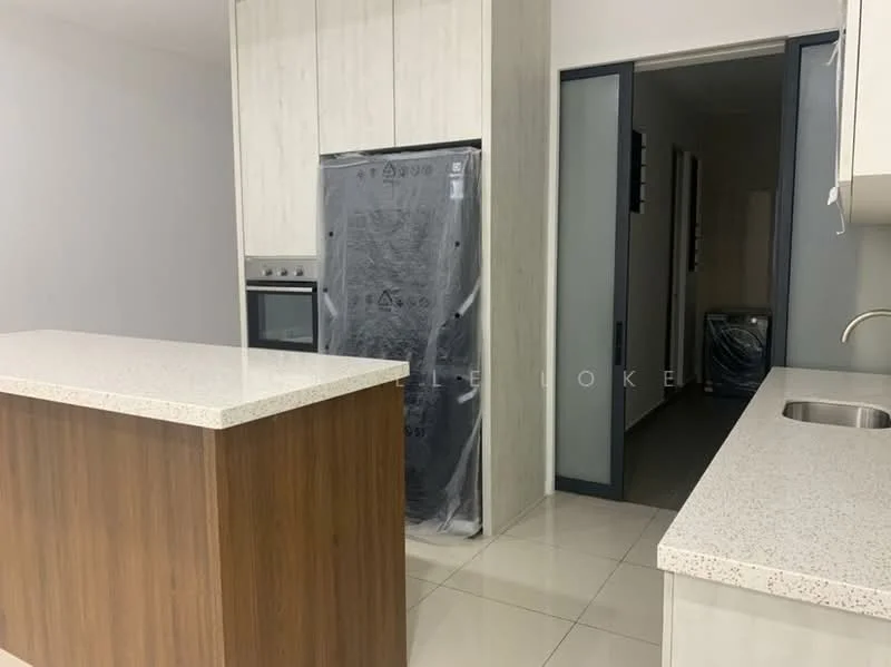 Kitchen features: island countertop with light wood finish, white quartz countertop, built-in oven, fridge with protective film, white cabinetry, stainless-steel sink, chrome faucet, ceramic tile flooring, recessed downlights, open layout to adjacent room; style: modern.