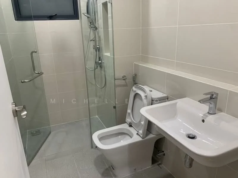 Bathroom features: walk-in shower with glass enclosure, rain shower head, handheld shower, single-sink vanity, chrome basin mixer, toilet, white tiled walls, grey tile flooring, mirror above sink, shower wall with tile cladding; style: modern.