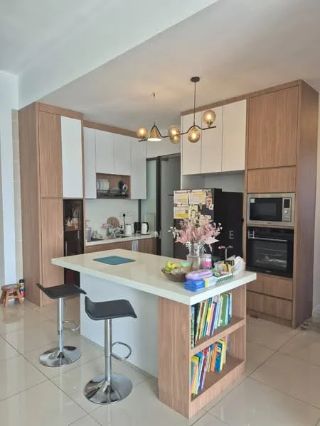 Kitchen features: white cabinetry with wood accents, marble countertop, stainless-steel sink, chrome pull-down faucet, built-in oven, freestanding range oven, black refrigerator, pendant lighting, bar stools with chrome base, open shelving with books, ceramic tile flooring, glass backsplash, recessed lighting; style: modern.
