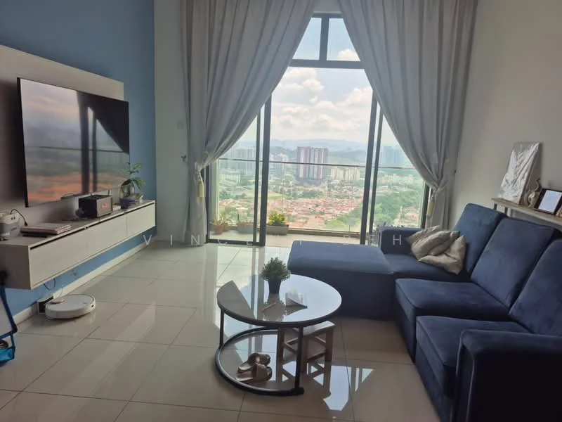 Living features: blue fabric sectional sofa, round glass coffee table, wall-mounted TV, white TV console, floor-to-ceiling windows, curtains, city view, white tiled flooring, decorative wall art, robot vacuum; style: modern; view: city.