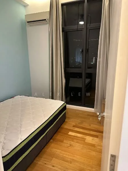 Bedroom features: wooden flooring, light blue painted walls, floor-to-ceiling windows, blackout curtains, wall-mounted split AC, queen-size bed base without mattress, decorative wall trim, natural light from window; style: modern; view: city.