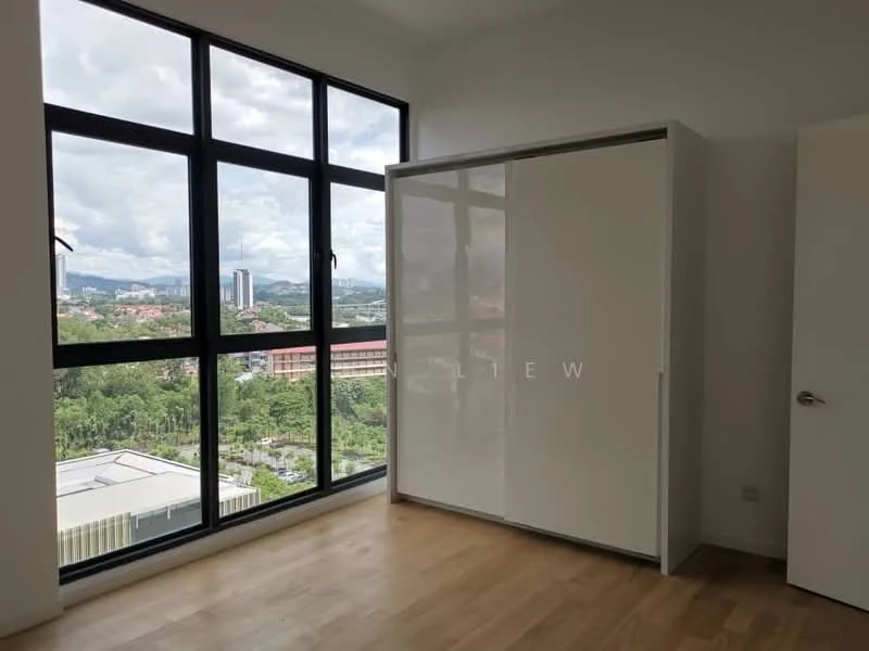 Bedroom features: large floor-to-ceiling windows, white painted walls, light wood flooring, built-in wardrobe with sliding doors, city view, natural light, minimalist decor; style: modern; view: city.