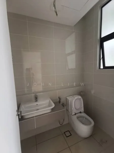 Bathroom features: white wall tiles, grey floor tiles, single-sink vanity with integrated basin, chrome basin mixer faucet, one-piece toilet, large mirror above vanity, window for natural light, recessed ceiling light; style: modern.
