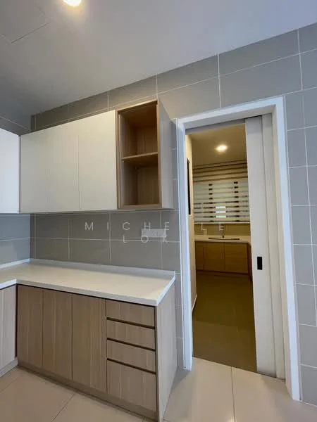 Kitchen features: white cabinetry with wood accents, flat-panel cabinets, light-colored countertop, tile backsplash, built-in storage shelves, drawer storage, recessed lighting, neutral wall tiles, ceramic tile flooring; style: modern. Room features: neutral wall tiles, light-colored flooring, window with blinds.