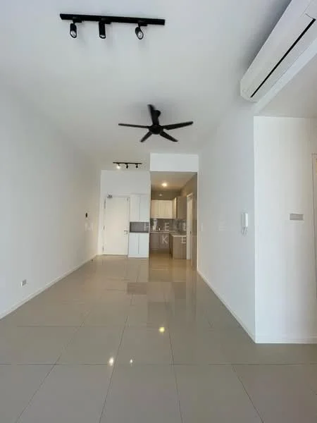 Living features: white painted walls, glossy ceramic tile flooring, recessed LED downlights, 5-blade ceiling fan, wall-mounted split AC, open layout, kitchen visible in background, neutral color scheme; style: modern.