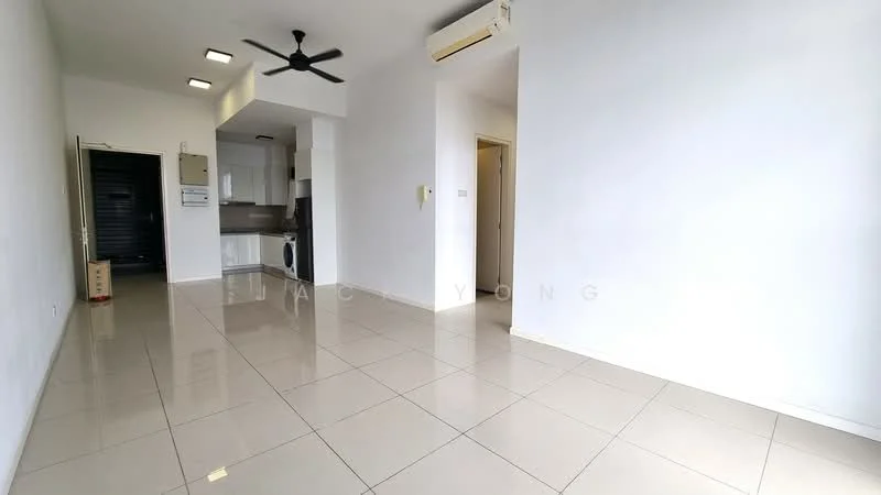 Living features: white painted walls, glossy tile flooring, ceiling fan, wall-mounted split AC, open layout, doorway leading to kitchen, doorway leading to hallway, natural light from windows; style: modern. Kitchen features: kitchen cabinetry, countertop, built-in appliances, open to living area; style: modern.