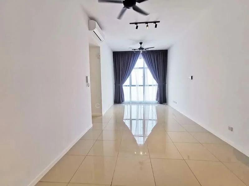 Living features: white painted walls, glossy beige tile flooring, 5-blade ceiling fan, recessed LED downlights, floor-to-ceiling windows, sheer curtains, blackout curtains, air conditioning unit; style: modern; view: city.