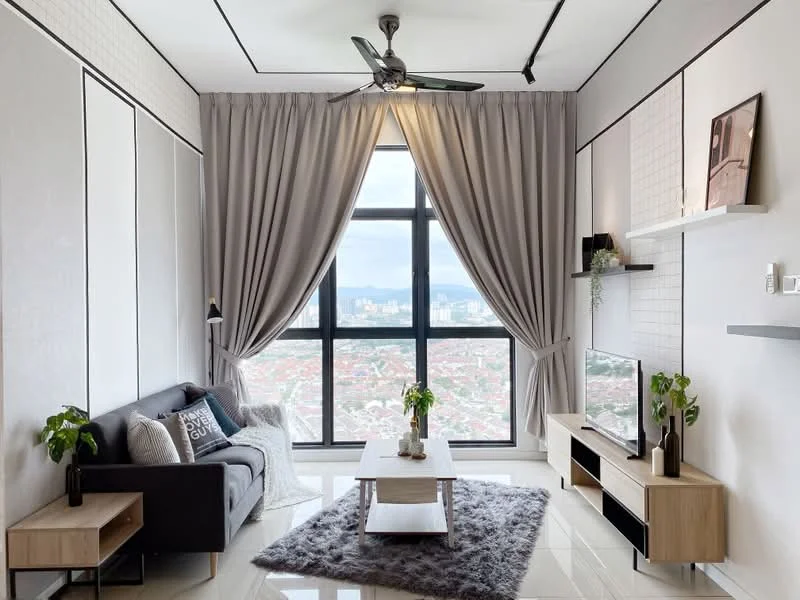 Living features: 3-seater fabric sofa in dark grey, coffee table, TV console, wall-mounted TV, area rug with geometric pattern, floor-to-ceiling windows, grey curtains, ceiling fan with light, decorative plants, shelving unit, wall art, white painted walls, polished tile flooring; style: modern; view: city.