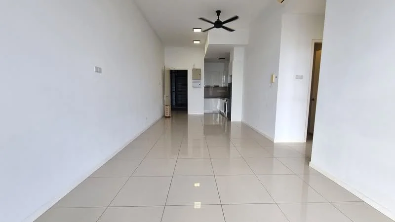 Living features: white painted walls, glossy ceramic tile flooring, 5-blade ceiling fan, recessed downlights, open layout, large windows, neutral color scheme, no visible furniture; style: modern. Kitchen features: kitchen cabinetry, stainless-steel appliances, open to living area; style: modern.