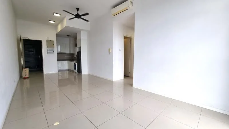 Living features: white painted walls, glossy ceramic tile flooring, 5-blade ceiling fan, wall-mounted split AC, open layout, natural light from windows, neutral color scheme, no visible furniture; style: modern. Kitchen features: kitchen cabinetry, stainless-steel sink, built-in appliances, countertop space, open to living area; style: modern.