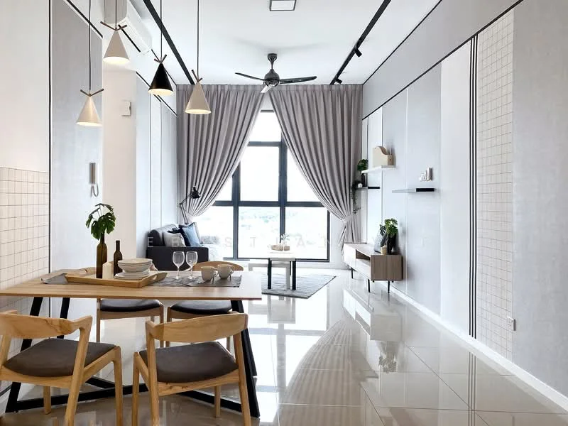 Living features: grey accent wall, white painted walls, polished tile flooring, floor-to-ceiling windows, sheer curtains, 5-blade ceiling fan with light, pendant lamps, dining table with 4 wooden chairs, decorative wall shelf, area rug, TV console, houseplants in ceramic pots; style: modern; view: city.