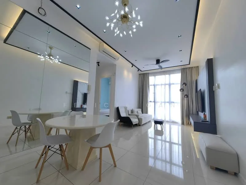 Living features: white painted walls, polished ceramic tile flooring, tray ceiling with recessed lighting, 5-blade ceiling fan, chandelier, floor-to-ceiling windows, sheer curtains, light grey sofa, TV console, wall-mounted TV, round dining table, 4 white dining chairs, decorative wall panel, area rug; style: modern; view: city.
