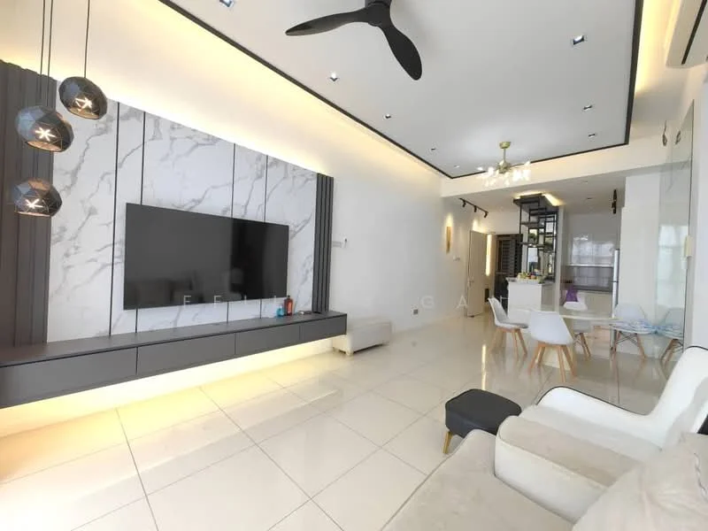 Living features: white marble accent wall, flat-screen TV mounted on wall, black media console with LED lighting, white tiled flooring, 5-blade ceiling fan, recessed ceiling lights, decorative pendant lights, sofa in light fabric, coffee table, open layout to dining area; style: modern. Dining features: 6-seater dining table, white dining chairs, open kitchen view, bar counter with stools; style: modern.