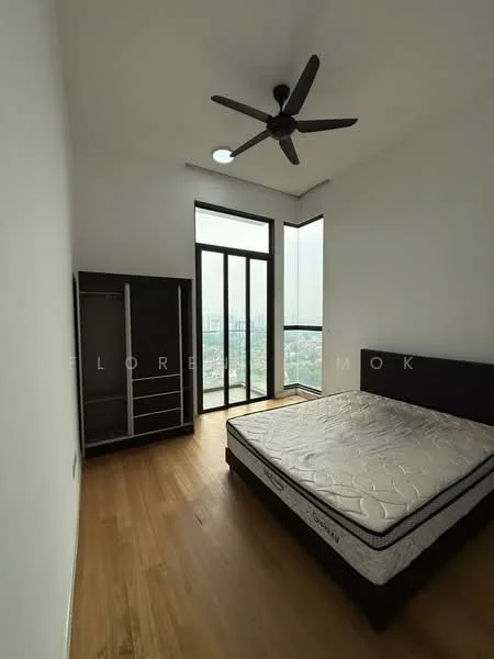 Bedroom features: wooden flooring, white painted walls, 5-blade ceiling fan with light, floor-to-ceiling windows, black bed frame, mattress on bed, built-in wardrobe, city view; style: modern; view: city.