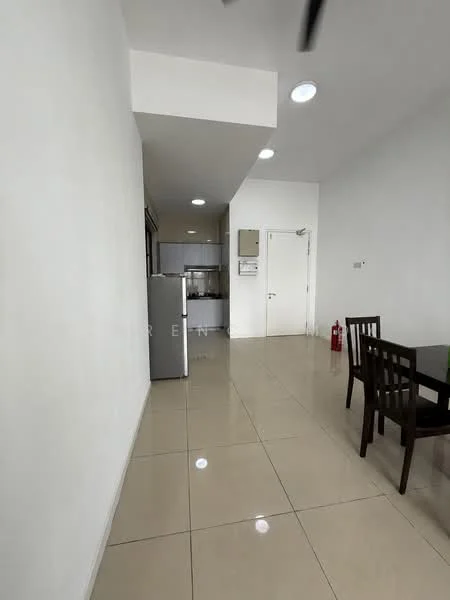 Room features: white painted walls, glossy tile flooring, recessed downlights, kitchen area visible in the background, stainless-steel fridge, wood dining table with four chairs, fire extinguisher on the wall, door leading to another room, open layout, neutral color scheme; style: modern.