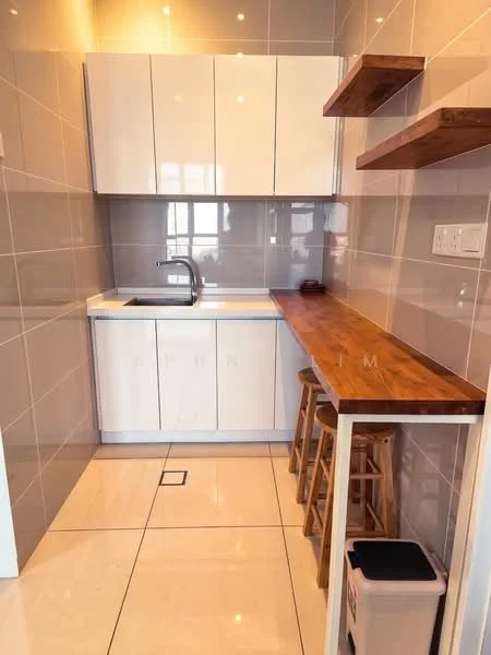 Kitchen features: white high-gloss cabinetry, wood countertop, single-bowl stainless-steel sink, chrome pull-down faucet, grey tiled backsplash, white tiled walls, white tiled flooring, open shelving, stools, under-cabinet lighting, recessed ceiling lights; style: modern.