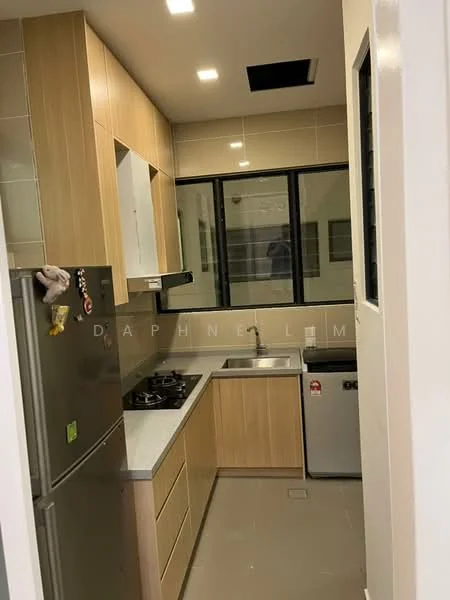 Kitchen features: light wood cabinetry, grey countertop, stainless-steel single-bowl sink, chrome pull-down faucet, 4-burner gas hob, built-in oven, stainless-steel fridge, ceramic tile flooring, recessed LED downlights, window with black frame, wall-mounted extractor hood, open shelving; style: modern.
