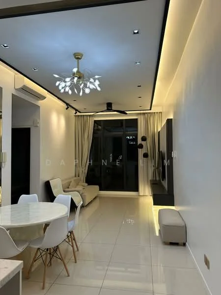 Living features: 5-blade ceiling fan with light, recessed downlights, cream painted walls, white tiled flooring, sofa in beige, wall-mounted TV, TV console, dining table with white chairs, floor-to-ceiling windows with sheer curtains, decorative wall paneling, LED strip lighting, area rug; style: modern.