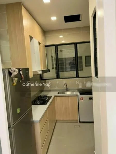 Kitchen features: light wood cabinetry, white countertop, stainless-steel fridge, built-in gas stove, exhaust hood, double-bowl stainless-steel sink, black framed windows, tile backsplash, ceramic tile flooring, recessed lighting, wall-mounted storage, open shelving; style: modern.