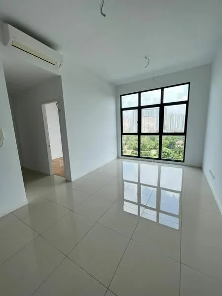Room features: white painted walls, glossy ceramic tile flooring, floor-to-ceiling windows, 1 wall-mounted split AC, natural light from large window, minimalist design, no visible furniture, neutral color scheme; style: modern; view: city.