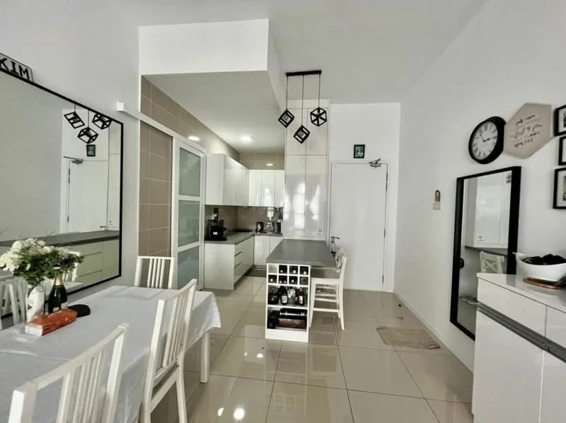 Kitchen features: white cabinetry, grey countertop, stainless-steel sink, chrome pull-down faucet, built-in oven, freestanding range oven, refrigerator, glass backsplash, pendant lighting, tile flooring, open shelving, wine rack, dining table with white chairs; style: modern.
