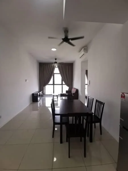 Dining features: dining table with 6 chairs, white painted walls, glossy ceramic tile flooring, 5-blade ceiling fan, floor-to-ceiling windows, curtains, wall-mounted TV console, air conditioning unit; style: modern; view: city.