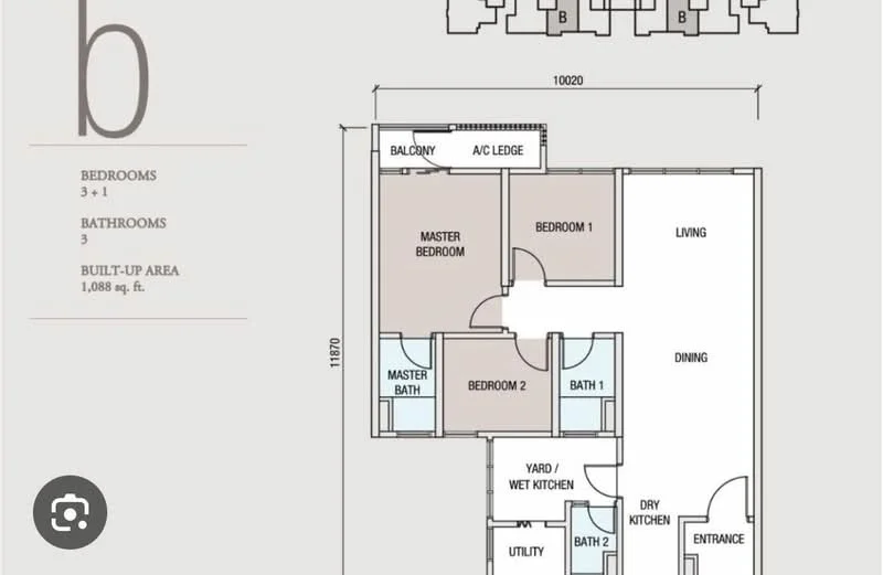 Floor plan: 3-bedroom 3-bathroom unit; features: open-plan kitchen-dining-living, master bedroom with ensuite bathroom, balcony off living room, utility room, yard area, dry kitchen, central foyer, 1 car porch.