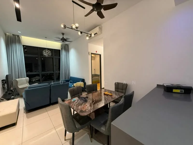 Dining features: 6-seater dining table with marble top, upholstered dining chairs, pendant light fixture, recessed downlights, floor-to-ceiling windows, curtains, grey wall, white painted walls, tile flooring, ceiling fan; style: modern; view: city. Living features: L-shape sectional sofa in blue, coffee table, wall-mounted TV, area rug, floor-to-ceiling windows, curtains, grey wall, white painted walls, tile flooring, ceiling fan; style: modern; view: city.