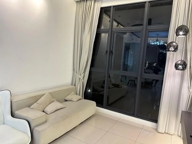 Living features: beige fabric sofa, floor-to-ceiling windows, sheer curtains, white painted walls, tile flooring, chandelier, decorative wall sconces, area rug, decorative cushions; style: modern; view: city.