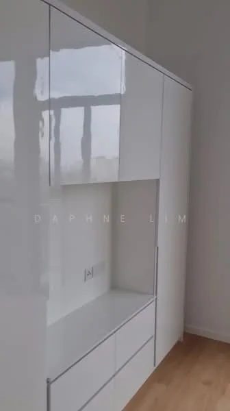 Room features: white glossy cabinetry, built-in storage with shelves, two drawers, minimalist design, wooden flooring, large windows allowing natural light; style: modern.
